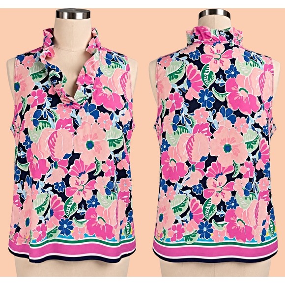 crown & ivy Tops - Crown & Ivy Womens XXL Pink Blue Floral Ruffle Neck Sleeveless Rayon Blouse